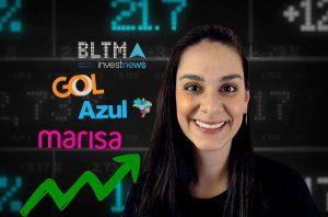 Mulher sorrindo em painel financeiro, com logos GOL, Azul, Marisa e seta verde indicando crescimento.
