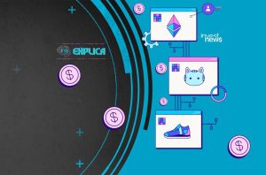 Infográfico de cripto e NFTs. Janelas exibem Ethereum, gato e tênis, com símbolos de dinheiro e logos ins EXPLICA/invest news.