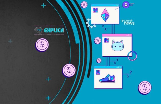 Infográfico de cripto e NFTs. Janelas exibem Ethereum, gato e tênis, com símbolos de dinheiro e logos ins EXPLICA/invest news.
