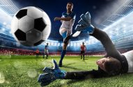 Ilustração de jogador de futebol chutando a bola para o gol na copa do mundo