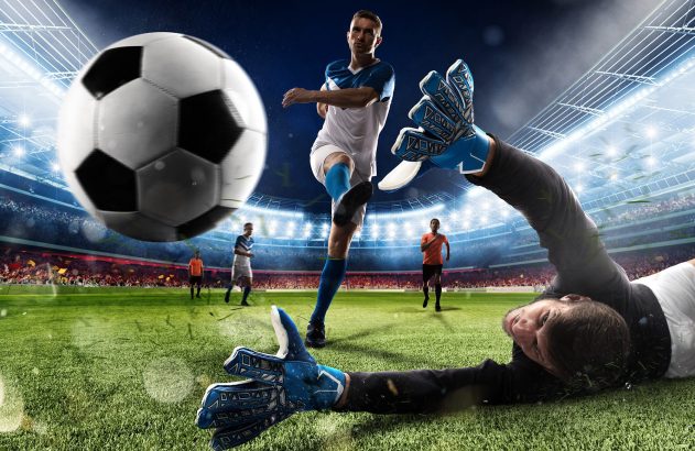 Ilustração de jogador de futebol chutando a bola para o gol na copa do mundo