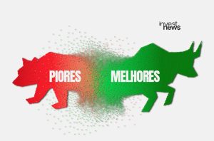 Urso vermelho (Piores) e touro verde (Melhores) em transição com partículas se misturando.
