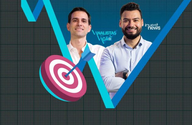 Analistas Invest News sorrindo, fundo de gráfico com alvo e flecha atingindo o centro.