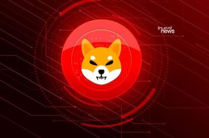 Logotipo de criptomoeda Shiba Inu em círculo vermelho com fundo de circuito tecnológico.