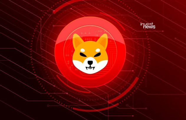 Logotipo de criptomoeda Shiba Inu em círculo vermelho com fundo de circuito tecnológico.