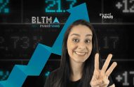 Mulher sorridente com 3 dedos levantados, sobre gráfico financeiro de alta com logo InvestNews. (119 caracteres)