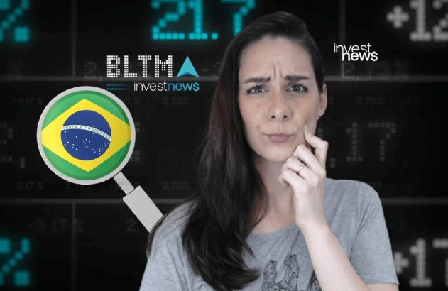 Mulher com expressão de dúvida olhando dados financeiros. Uma lupa exibe a bandeira do Brasil. Logotipo Investnews.