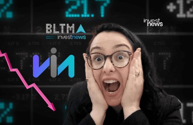 Mulher chocada com mãos no rosto. Fundo de gráfico financeiro com seta de queda e logo investnews.