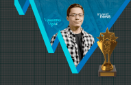 Analista sorridente com gráfico financeiro azul e troféu dourado. Logos "ANALISTAS EM AÇÃO" e "invest news" no fundo.