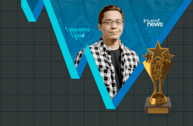 Analista sorridente com gráfico financeiro azul e troféu dourado. Logos "ANALISTAS EM AÇÃO" e "invest news" no fundo.