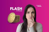 Mulher pensativa com a mão no queixo, olhando moedas Bitcoin. Logos "FLASH investnews" e "investnews" em fundo gradiente.