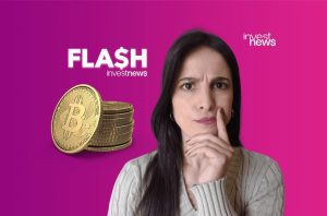 Mulher pensativa com a mão no queixo, olhando moedas Bitcoin. Logos "FLASH investnews" e "investnews" em fundo gradiente.