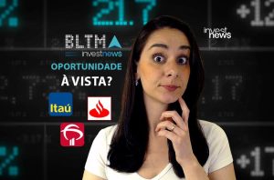 Mulher com olhar questionador, texto "Oportunidade à vista?" e logos de bancos (Itaú, Santander) em fundo financeiro.