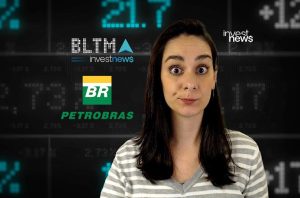 Mulher surpresa com dados financeiros e logos da Investnews, BLTMA e Petrobras ao fundo.