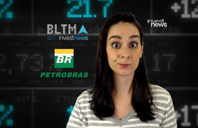 Mulher surpresa com dados financeiros e logos da Investnews, BLTMA e Petrobras ao fundo.