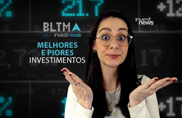 Mulher de óculos, expressão confusa e mãos abertas. Fundo com dados financeiros e texto "Melhores e Piores Investimentos".