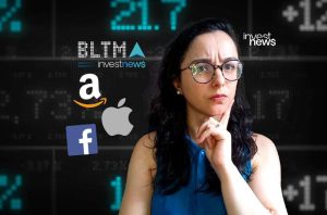 Mulher de óculos pensativa. Logos Amazon, Apple, Facebook e Investnews sobre painel de dados financeiros.