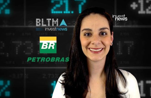 Mulher sorridente com fundo de tela de dados financeiros e logos investnews, BR e PETROBRAS.