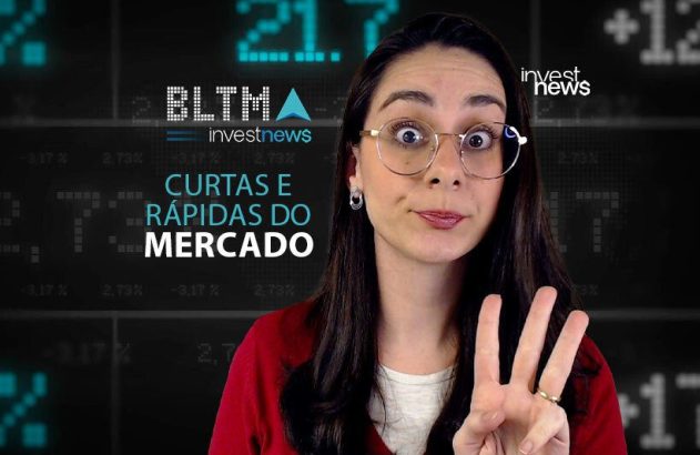 Mulher de óculos mostrando três dedos. Fundo com dados financeiros e texto "Curtas e Rápidas do Mercado" (Investnews).