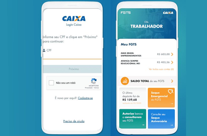 A imagem mostra dois celulares exibindo telas diferentes do aplicativo do FGTS em frente a um fundo azul.
