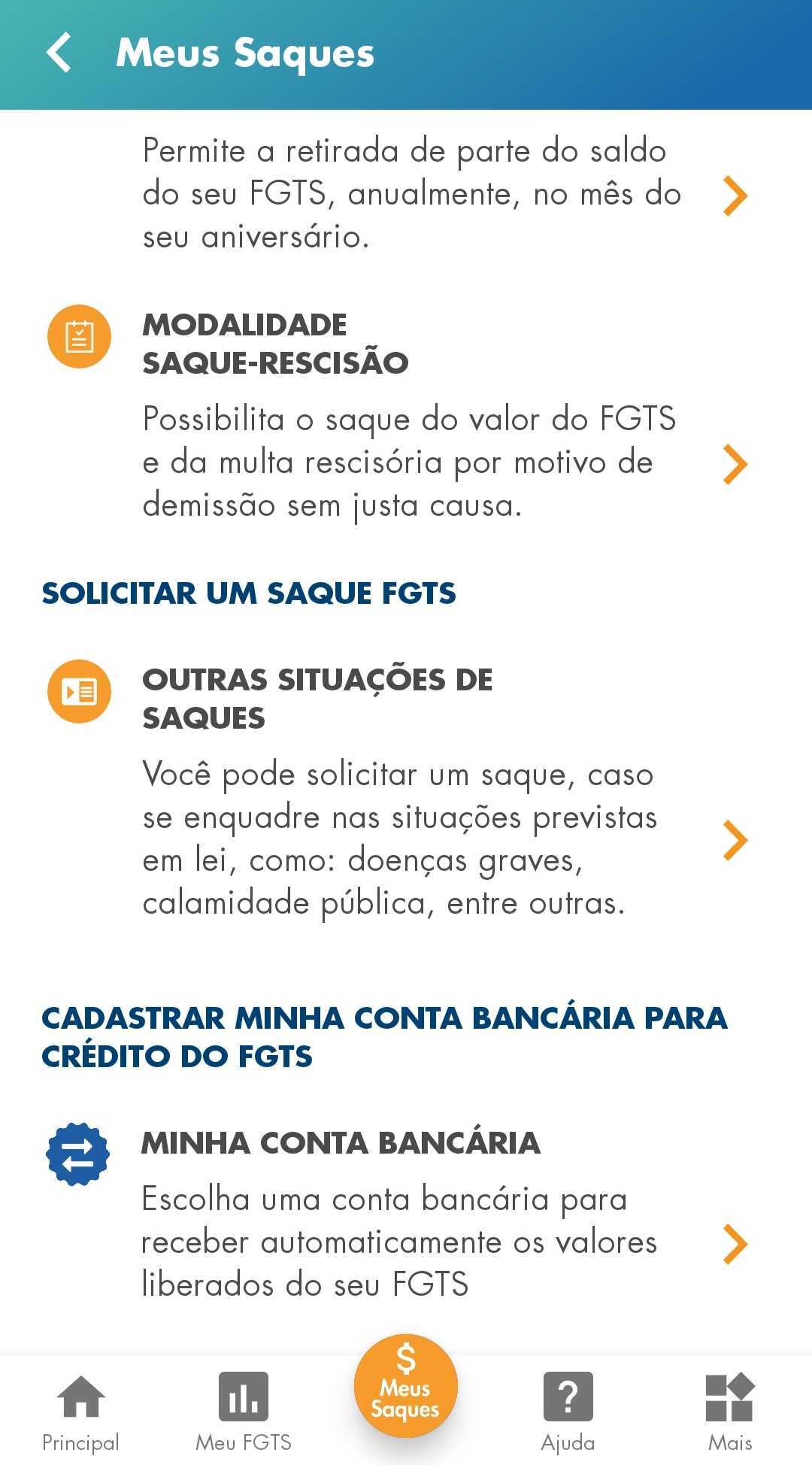 A imagem mostra a tela “Meus Saques” do aplicativo do FGTS.
