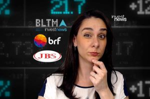 Mulher pensativa olhando para tela com dados financeiros e logos (investnews, BLTMA, BRF, JBS).
