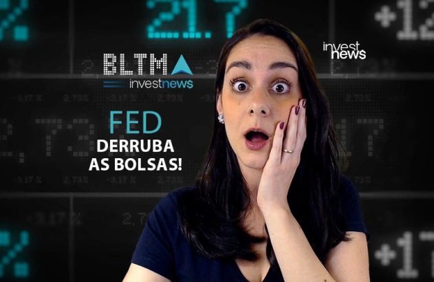 Mulher chocada com a notícia "FED Derruba as Bolsas!" em fundo financeiro digital.