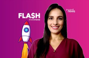 Mulher sorrindo, foguete decolando com chamas, e logotipo "FLASH investnews". Fundo roxo e rosa.