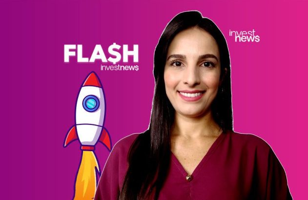 Mulher sorrindo, foguete decolando com chamas, e logotipo "FLASH investnews". Fundo roxo e rosa.