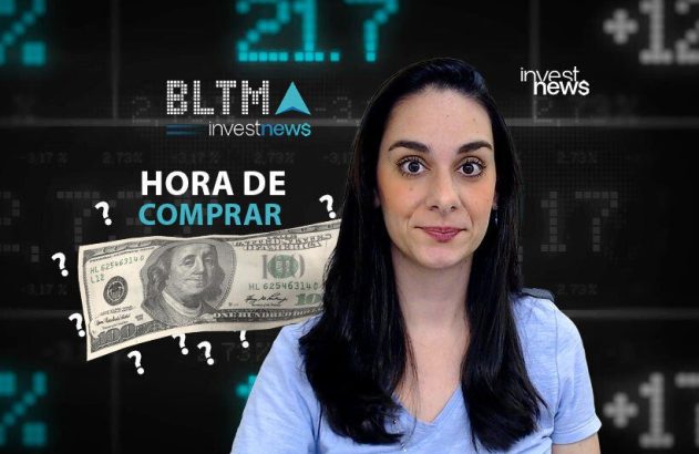 Mulher em noticiário financeiro, com dólar e 'Hora de Comprar?' em tela de dados digitais.