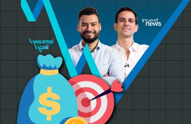 Dois homens sorrindo, saco de dinheiro e alvo. Fundo com gráfico financeiro e logos de investimentos.