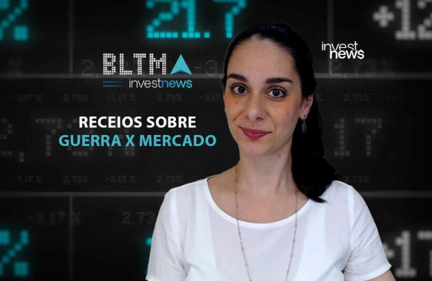 Mulher em estúdio de notícias financeiras com texto 'Guerra x Mercado' e logo Investnews.