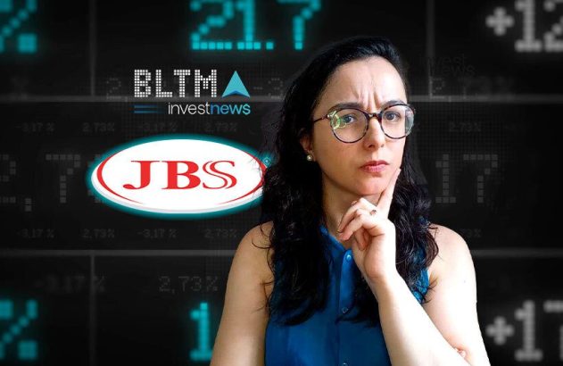 Mulher pensativa diante de tela com logos JBS, Investnews e dados financeiros de mercado, como números e porcentagens.