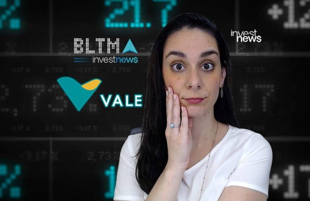 Mulher com expressão confusa diante de dados financeiros e logos Investnews e Vale.
