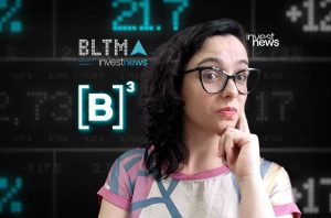 Mulher de óculos pensativa, olhando dados de mercado em tela digital, com logos Investnews e [B]³.