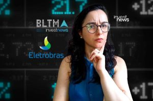 Mulher pensativa, em frente a dados de mercado financeiro, com logos Investnews, BLTMA e Eletrobras.