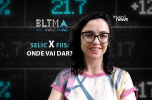 Mulher sorrindo em fundo de dados financeiros. Texto: 'SELIC X FIIS: ONDE VAI DAR?'
