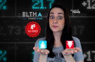 Mulher apresenta ícones de alta e baixa, com fundo de dados financeiros e logo 'investnews'.