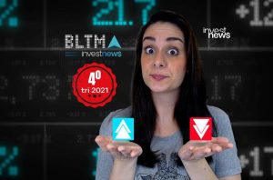Mulher apresenta ícones de alta e baixa, com fundo de dados financeiros e logo 'investnews'.