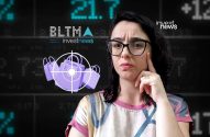 Mulher com óculos olha dados financeiros 'BLTM investnews' e alvo em sacolas de compra.