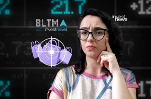 Mulher com óculos olha dados financeiros 'BLTM investnews' e alvo em sacolas de compra.