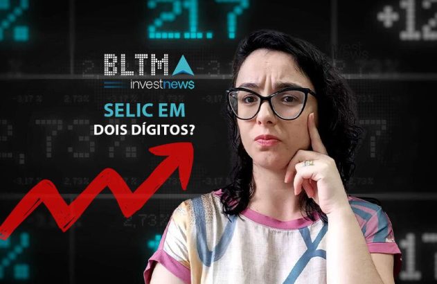 Mulher de óculos pensativa. Fundo digital financeiro com seta vermelha e texto: 'SELIC EM DOIS DÍGITOS?'.