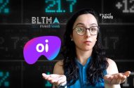 Mulher com óculos e mãos abertas em gesto de dúvida, sobre fundo digital com dados financeiros e logos investnews, BLTMA e Oi.