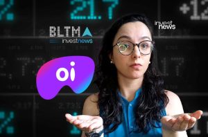 Mulher com óculos e mãos abertas em gesto de dúvida, sobre fundo digital com dados financeiros e logos investnews, BLTMA e Oi.
