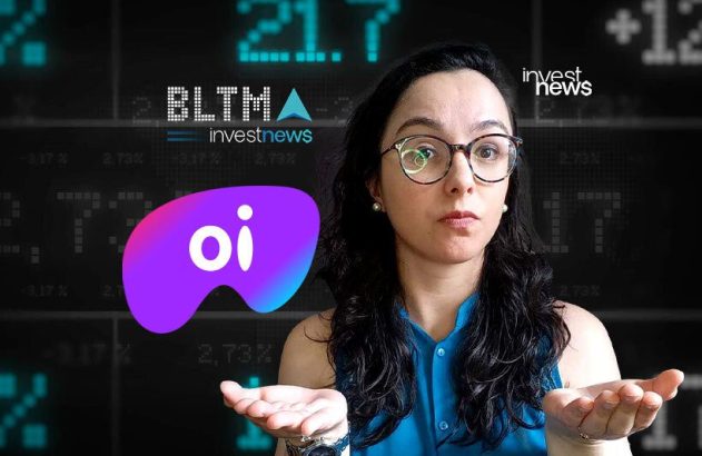 Mulher com óculos e mãos abertas em gesto de dúvida, sobre fundo digital com dados financeiros e logos investnews, BLTMA e Oi.