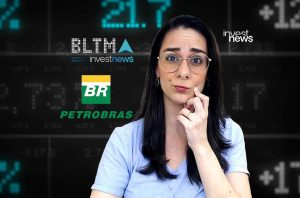 Mulher de óculos com expressão pensativa em fundo de tela financeira com logos Investnews e Petrobras.