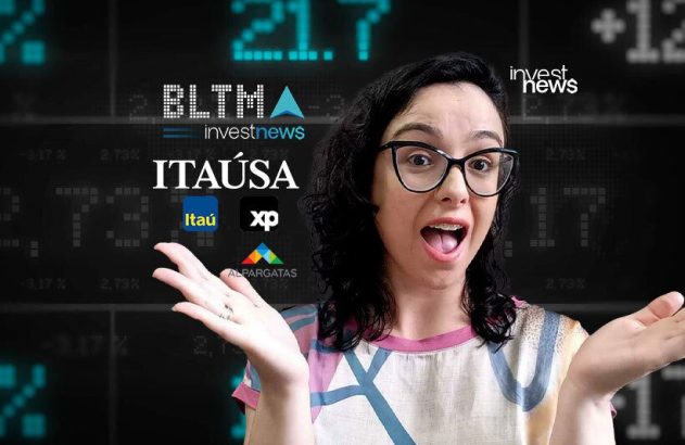 Mulher surpresa gesticula com marcas financeiras (Itaú, XP, Itaúsa, Alpargatas, Investnews) ao fundo de tela de mercado.