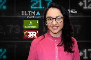 Mulher sorridente, óculos. Fundo de tela com dados financeiros e logos: InvestNews, Eletrobras, 3R Petroleum.