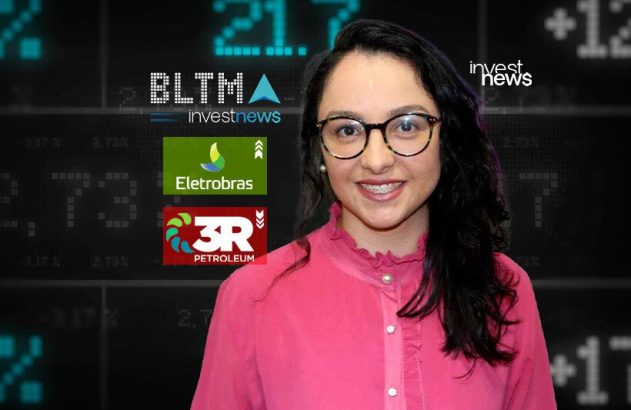 Mulher sorridente, óculos. Fundo de tela com dados financeiros e logos: InvestNews, Eletrobras, 3R Petroleum.