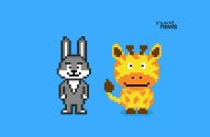 Pixel art de coelho cinza e girafa amarela em fundo azul.